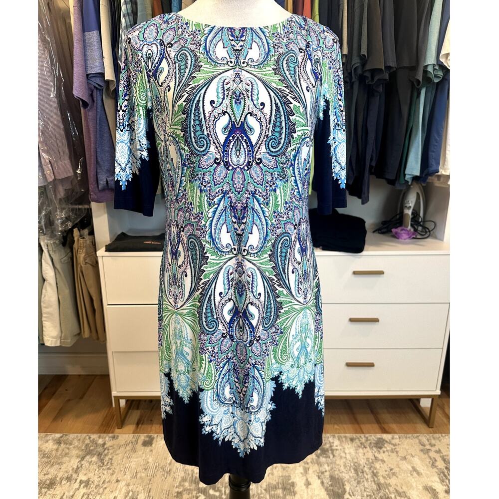 Eliza J Women's Blue White Paisley Short Sleeve Jersey Midi Dress Zip 6